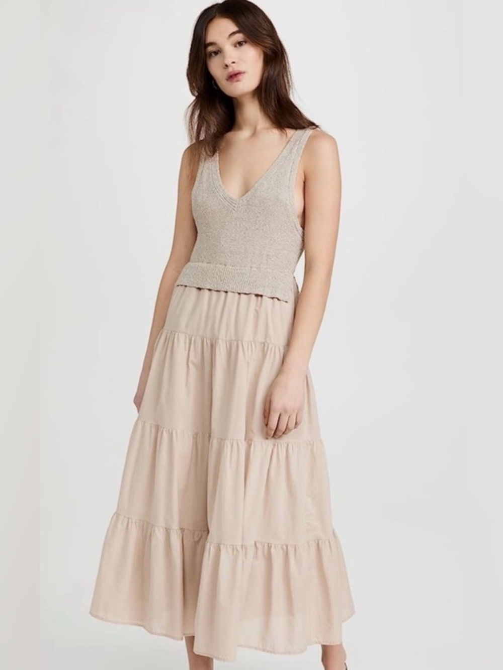 En Saison Alwin V-neck mixed-media midi dress Tan Size Medium